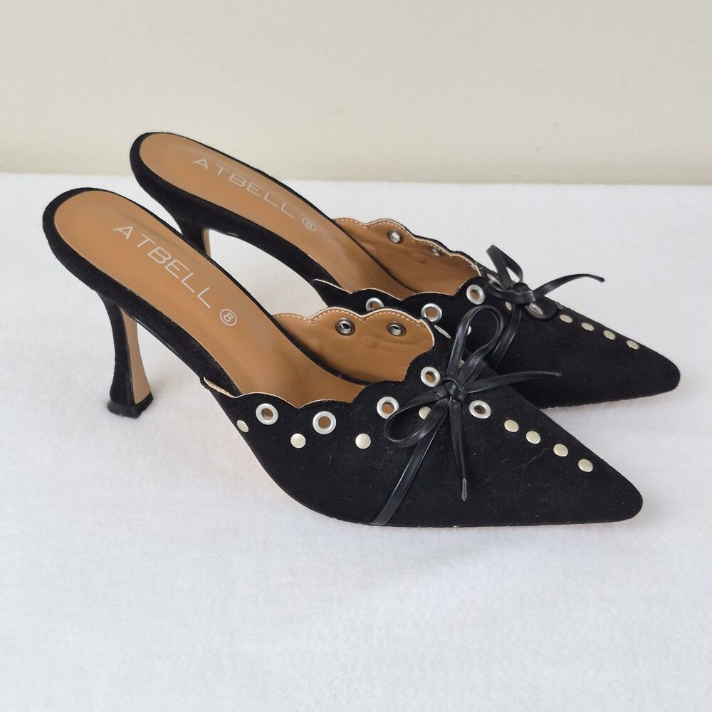Black Slip on Pointed Toe Mules Size 8 Slippers Bowknot Stiletto Heel Sandals.